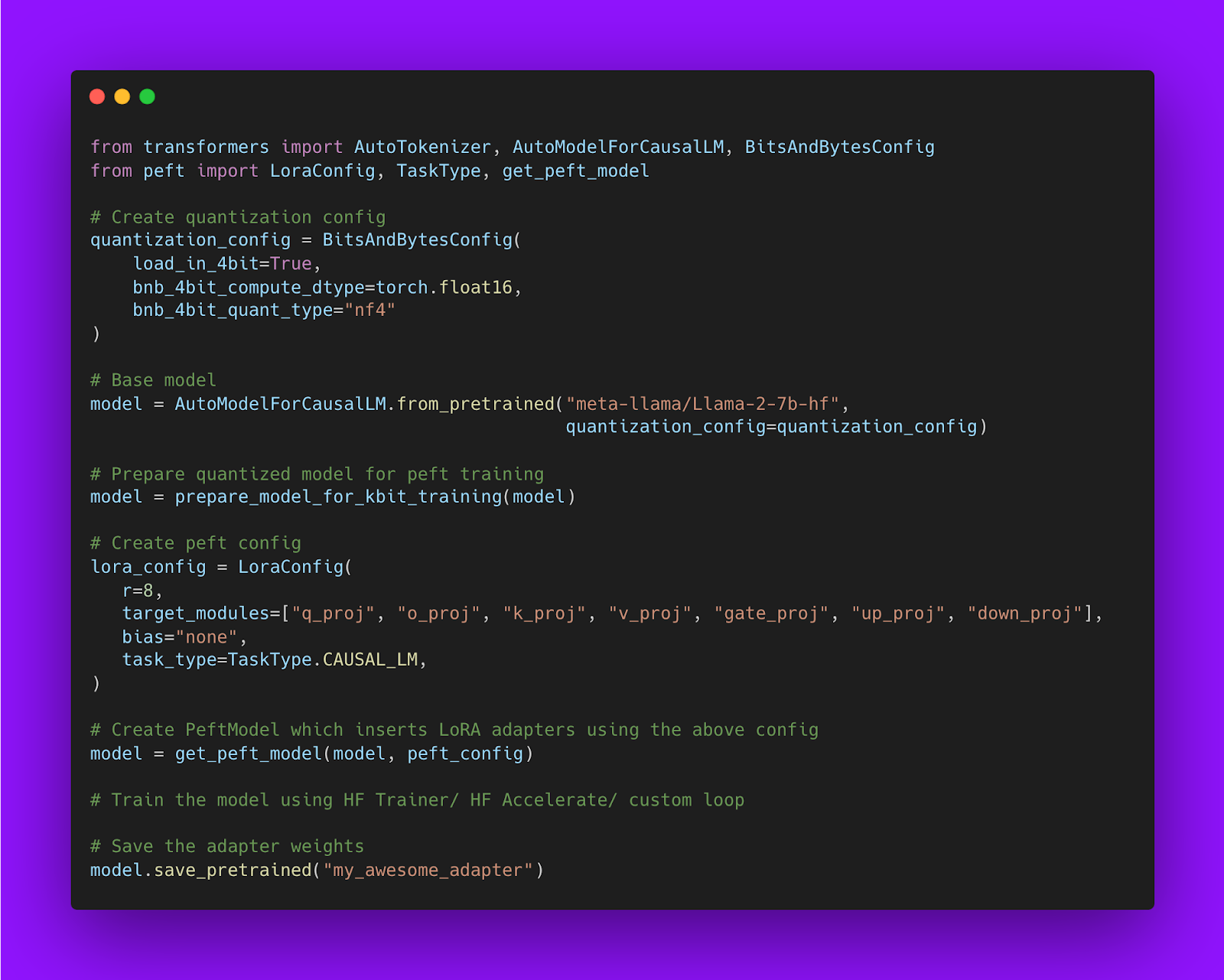 code snippet showing how to train QLoRA model using Hugging Face PEFT